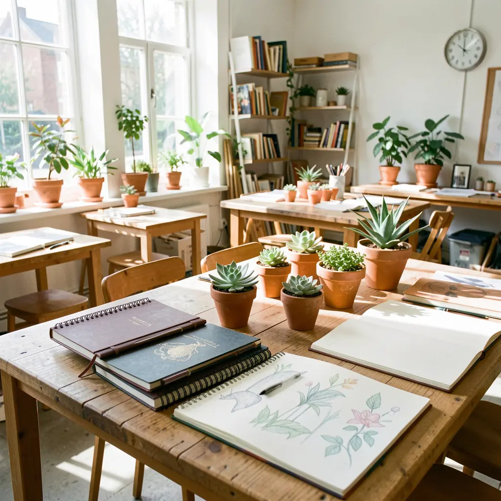 Bright workshop space with journals and plants on tables